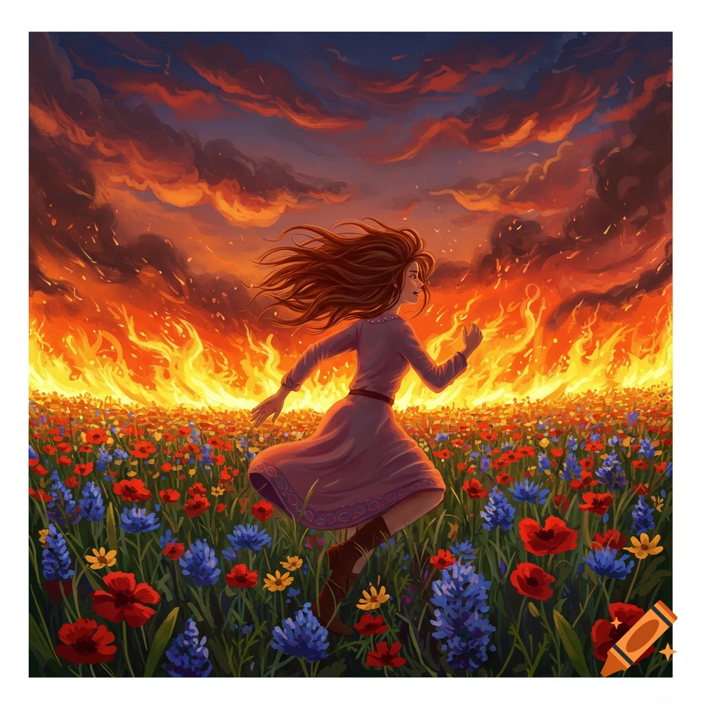 A woman running through a flower field with a wall of fire burning behind her.