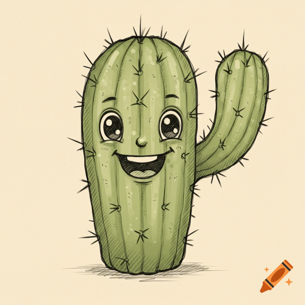 A cartoon cactus with a happy face drawn in pencil style.