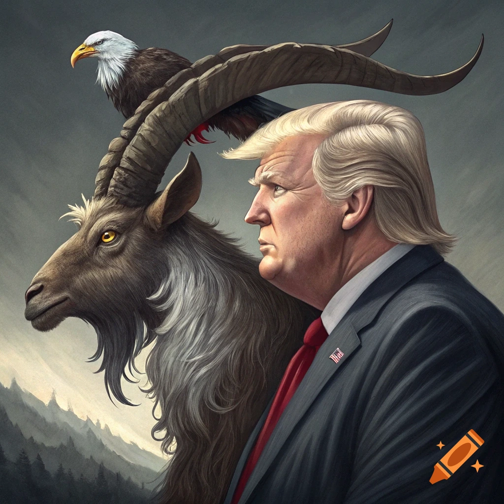 Painting of Donald Trump facing a horned goat with an eagle perched on its horn, set against a mountain landscape.