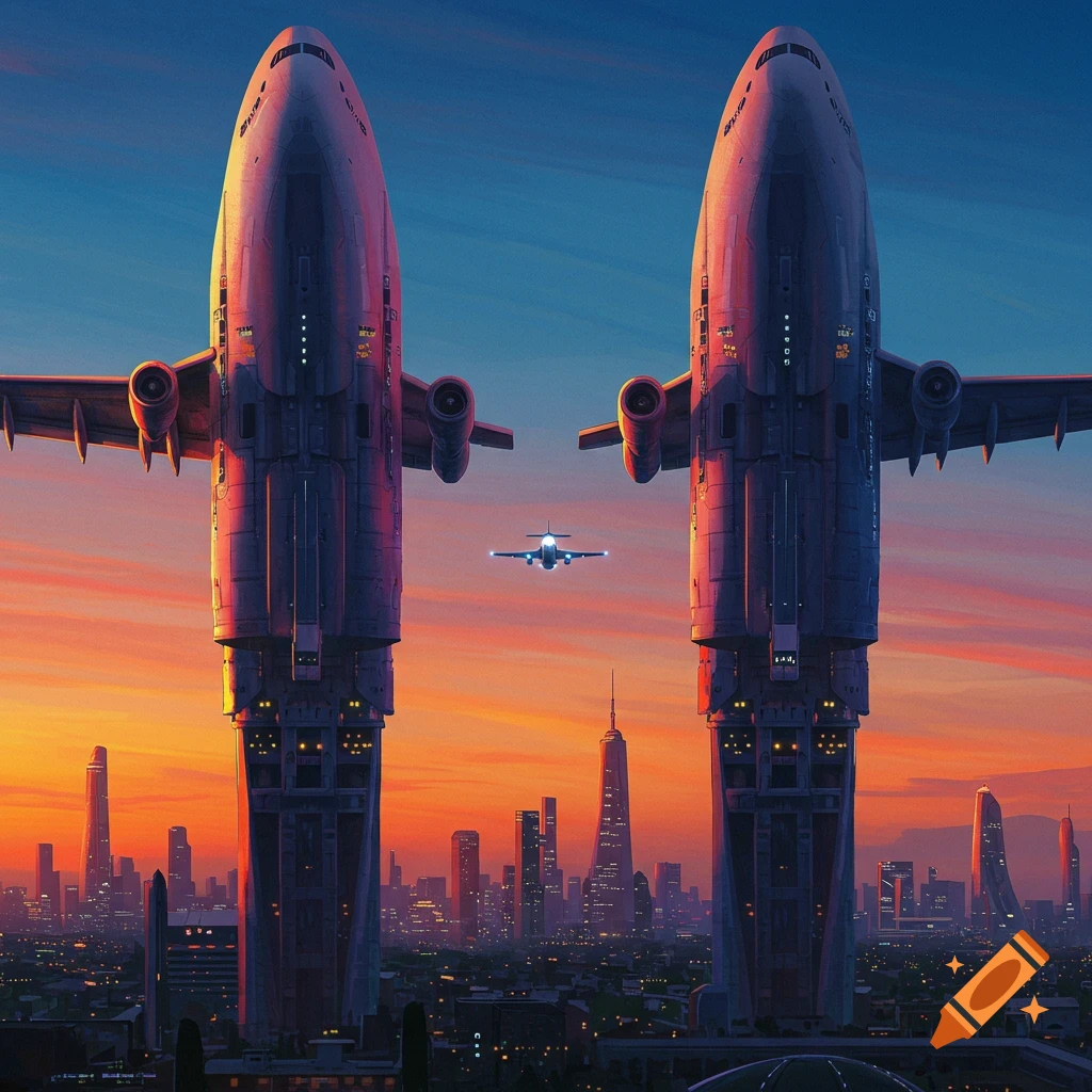 Large futuristic airplane-like towers stand over a cityscape at sunset with a small plane in the distance.