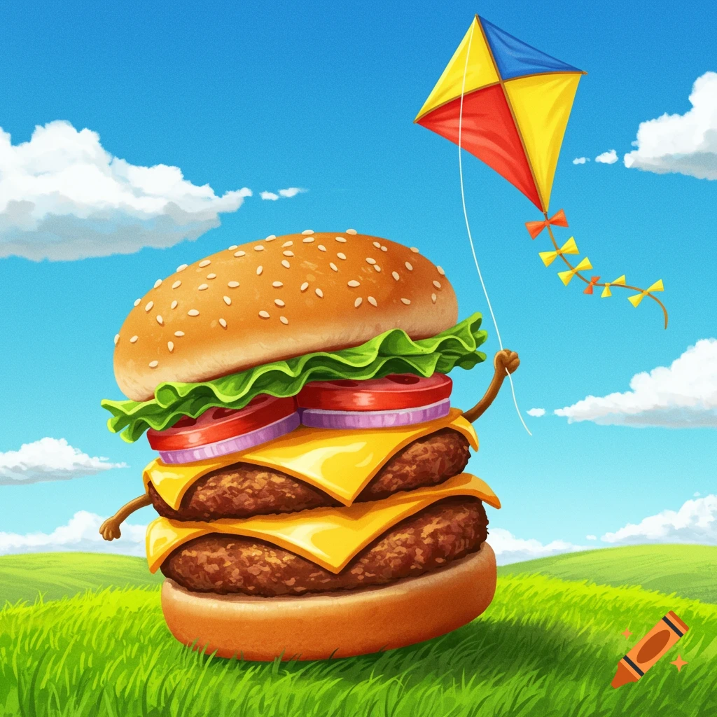 A cartoon cheeseburger with arms is holding a kite string on a grassy hill under a blue sky.
