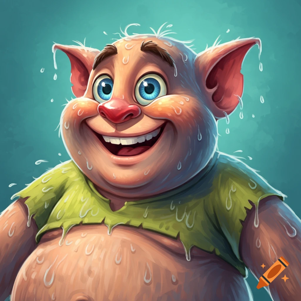 Cartoon of a smiling creature covered in water droplets.