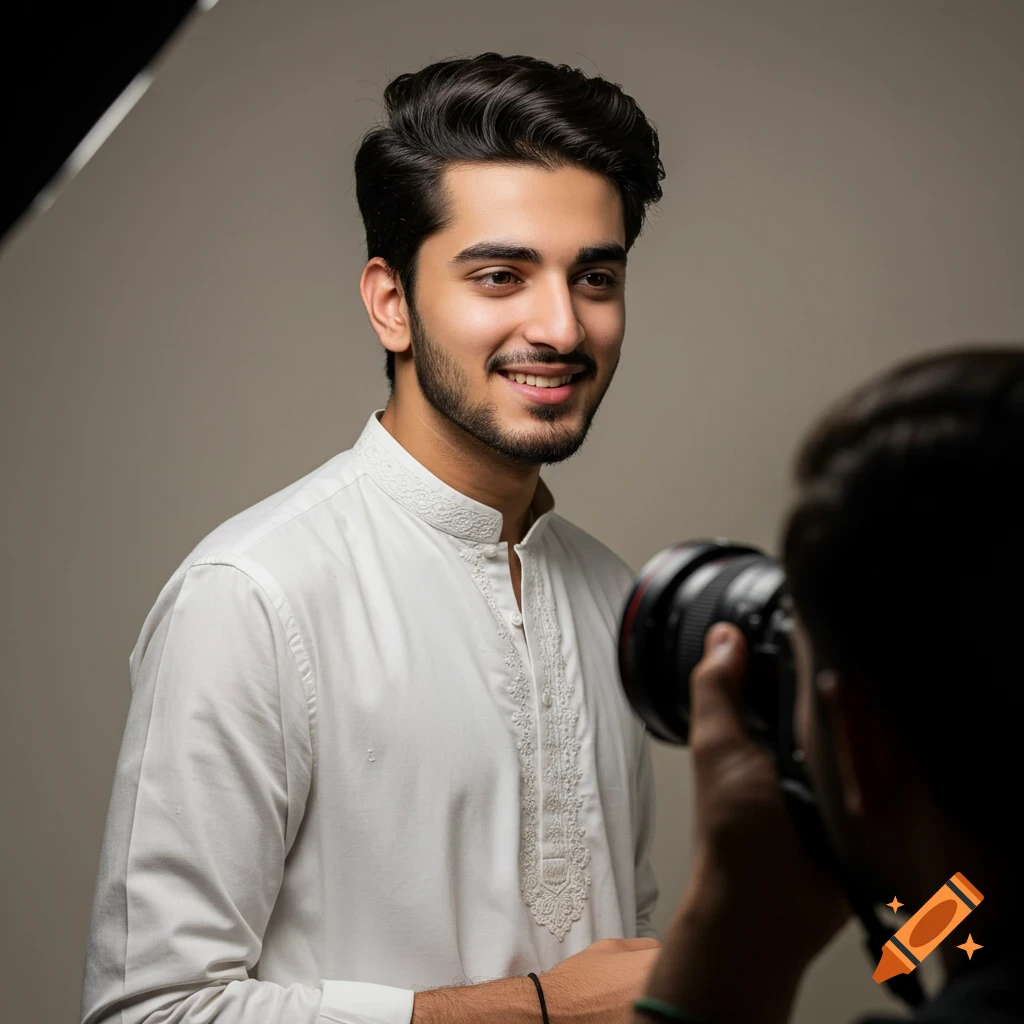 A young man in traditional white clothing smiles as a photographer takes his picture.