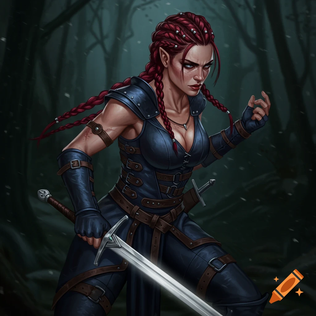 Female fantasy warrior with red braided hair, pointed ears, dark blue armor, and a sword in a forest.