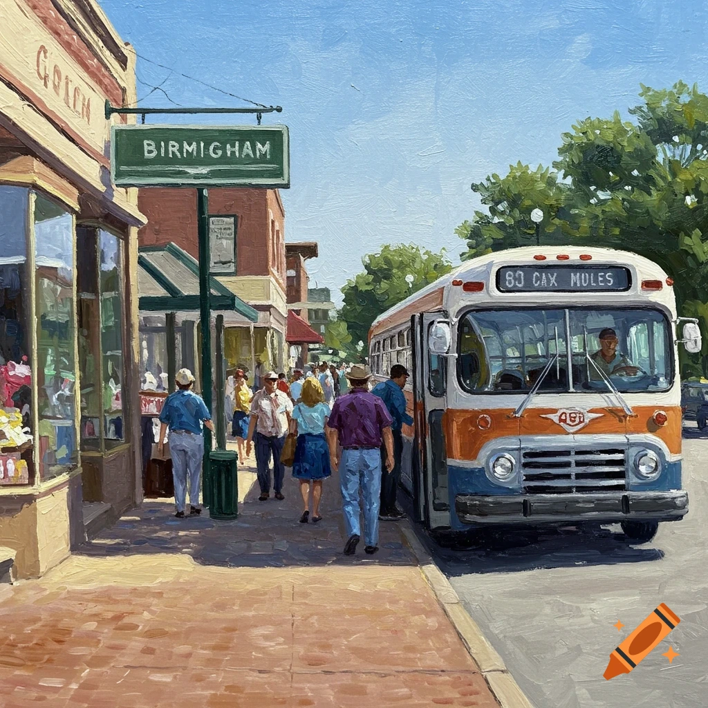 Impressionist painting of a bus picking up passengers on a sunny street lined with shops.