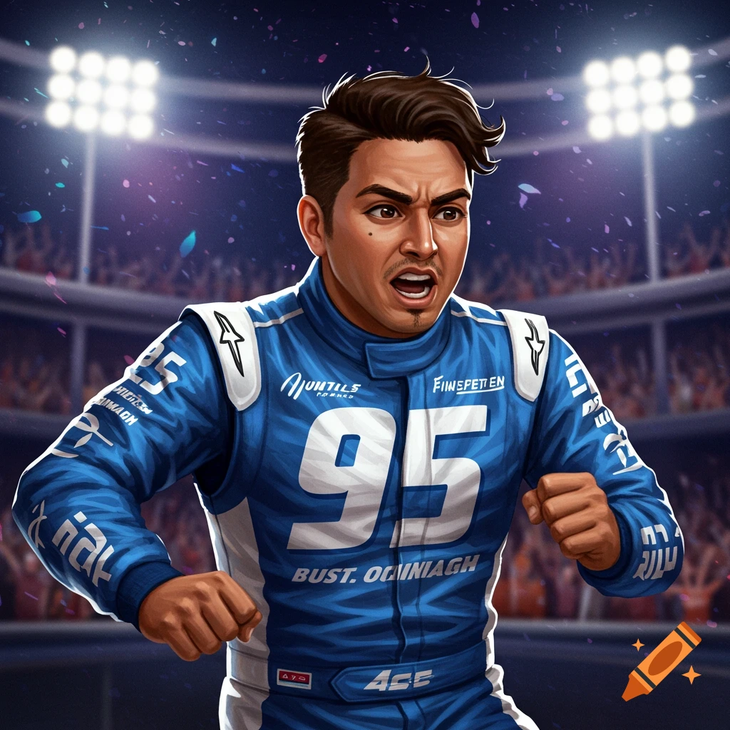 A racer in a blue suit with number 95 cheers in a stadium.
