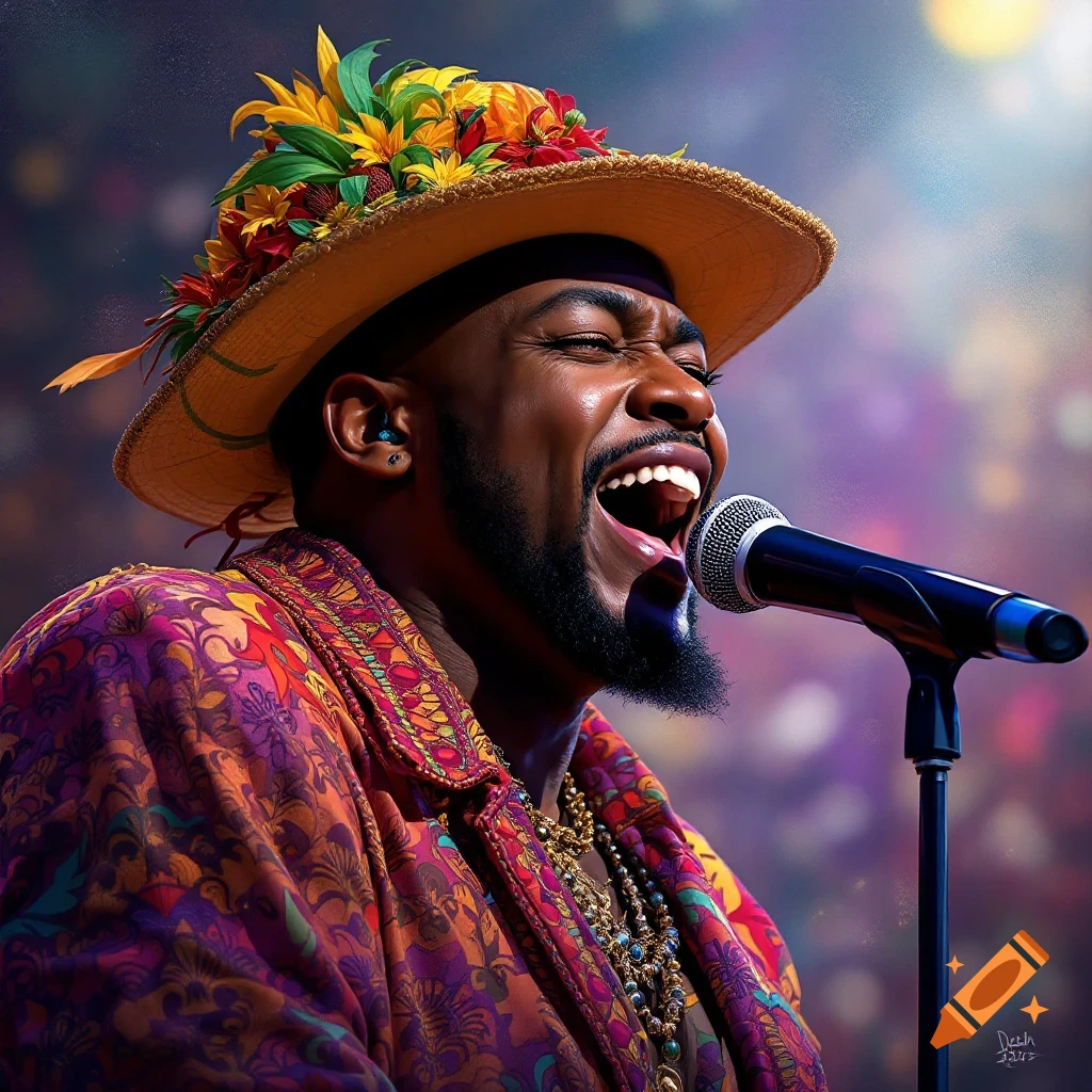 A man in a colorful patterned shirt and floral hat sings into a microphone on stage.