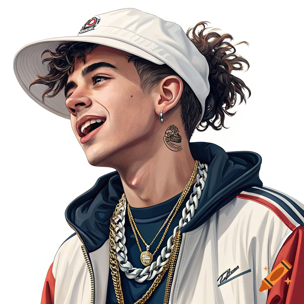 Illustration of a smiling young man in a hat and chains