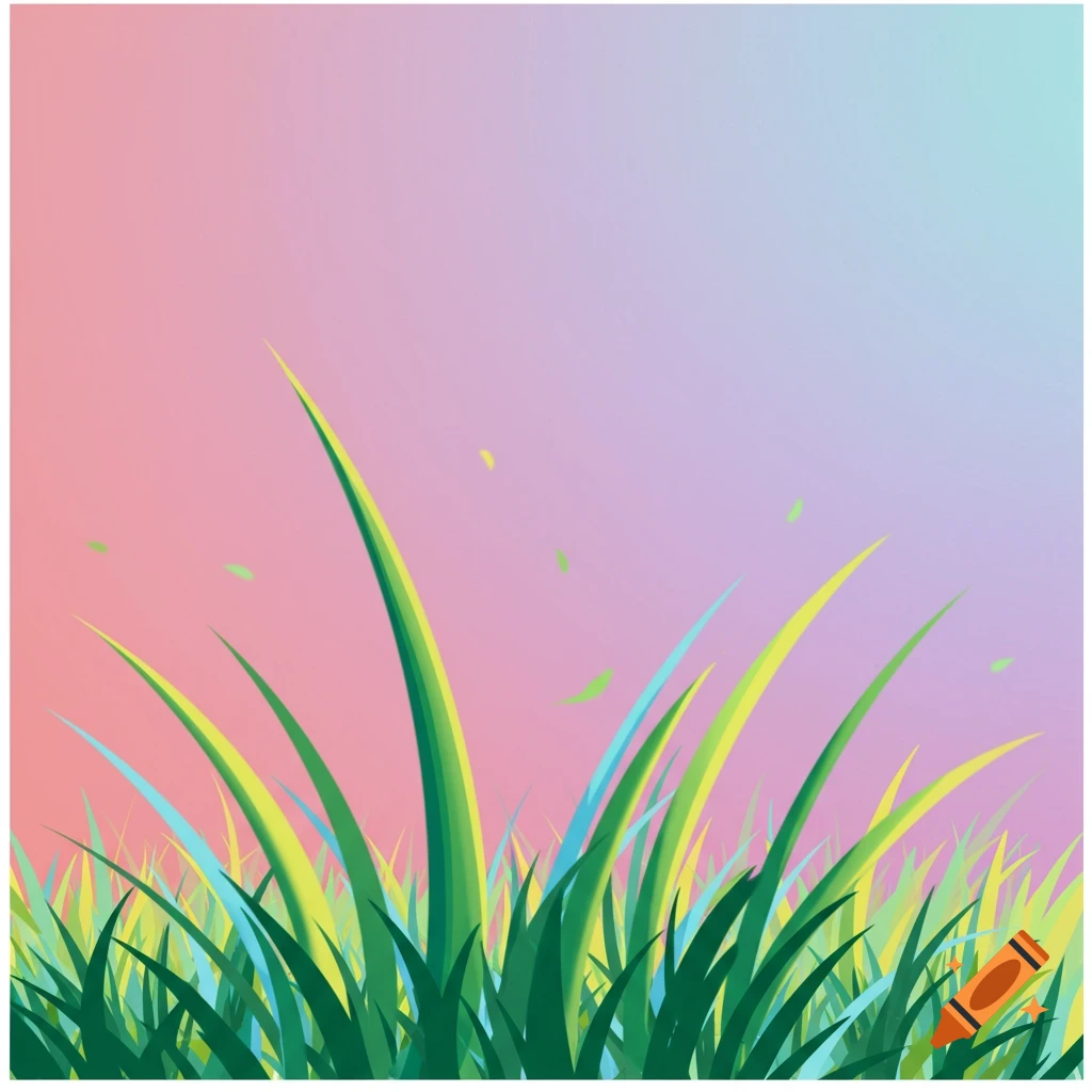 Stylized blades of grass against a pink and blue gradient background.