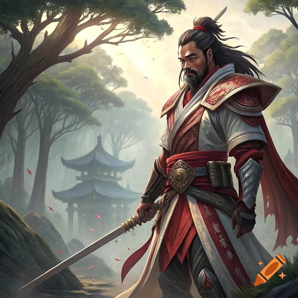 A fantasy warrior with a sword stands in a forest with a temple.