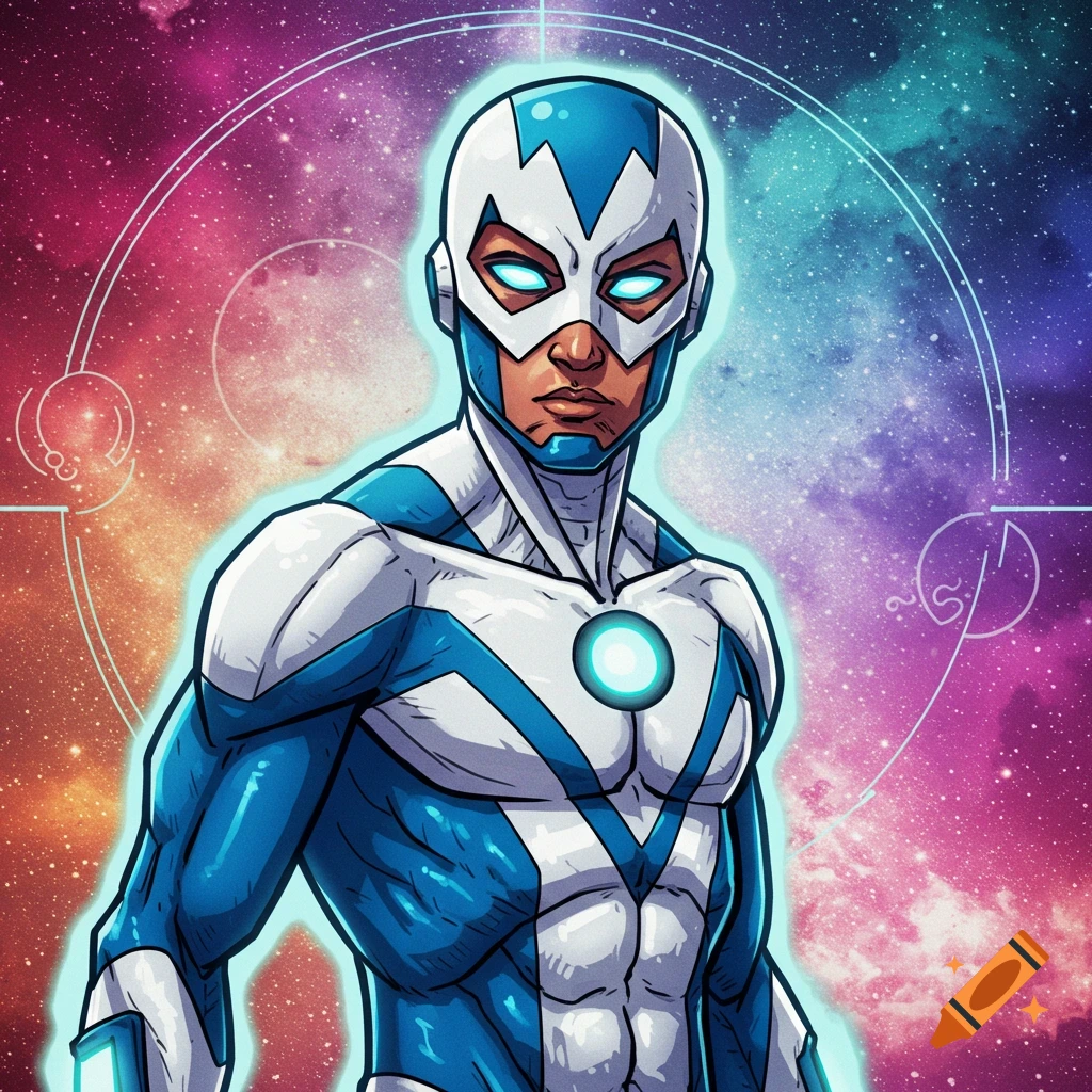 Superhero in blue and white suit and mask against a colorful space background