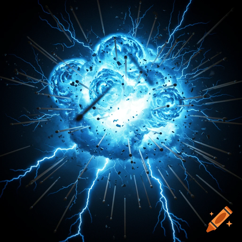 A blue explosion with lightning and drumsticks radiating outwards.