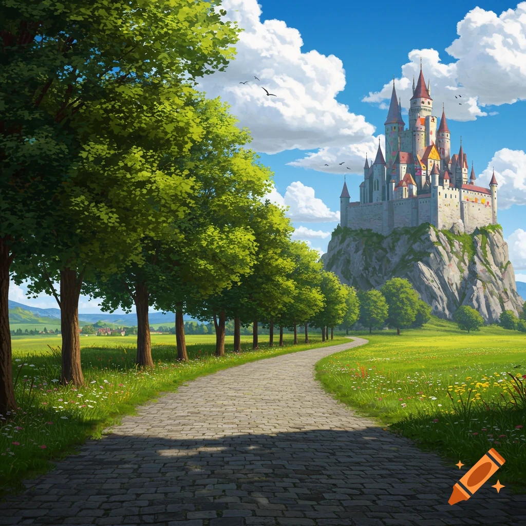 A stone road leads through a grassy field towards a castle on a rocky hill.