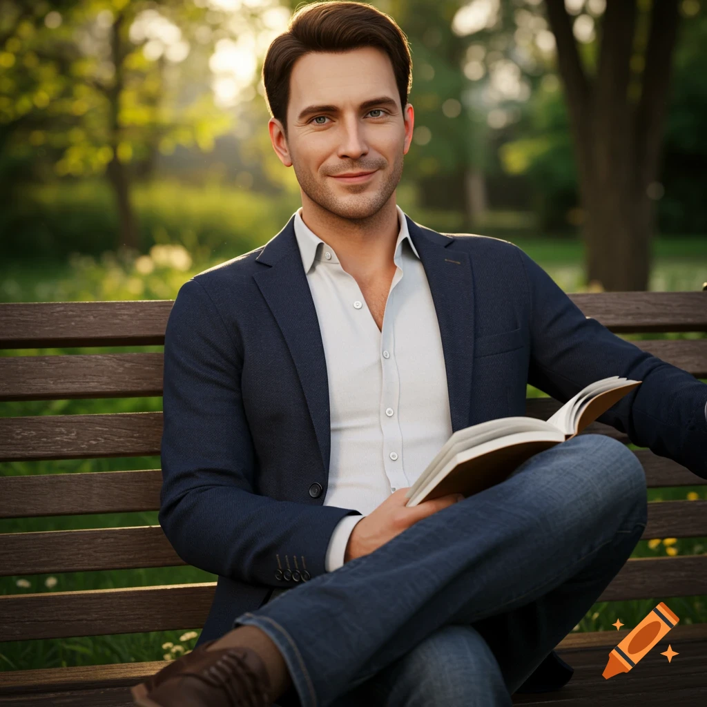 Man sits on a park bench reading a book in a photorealistic style.
