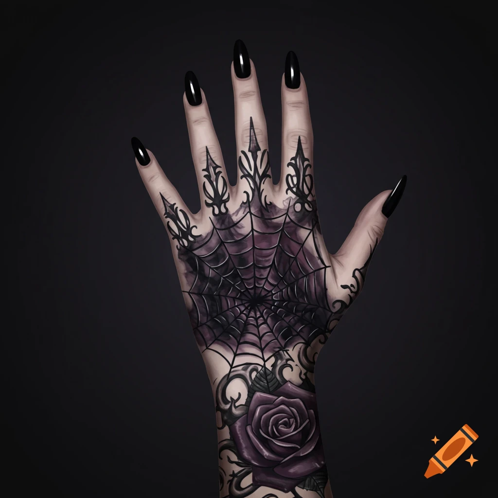 A hand with a gothic spiderweb and rose tattoo, with long black fingernails.