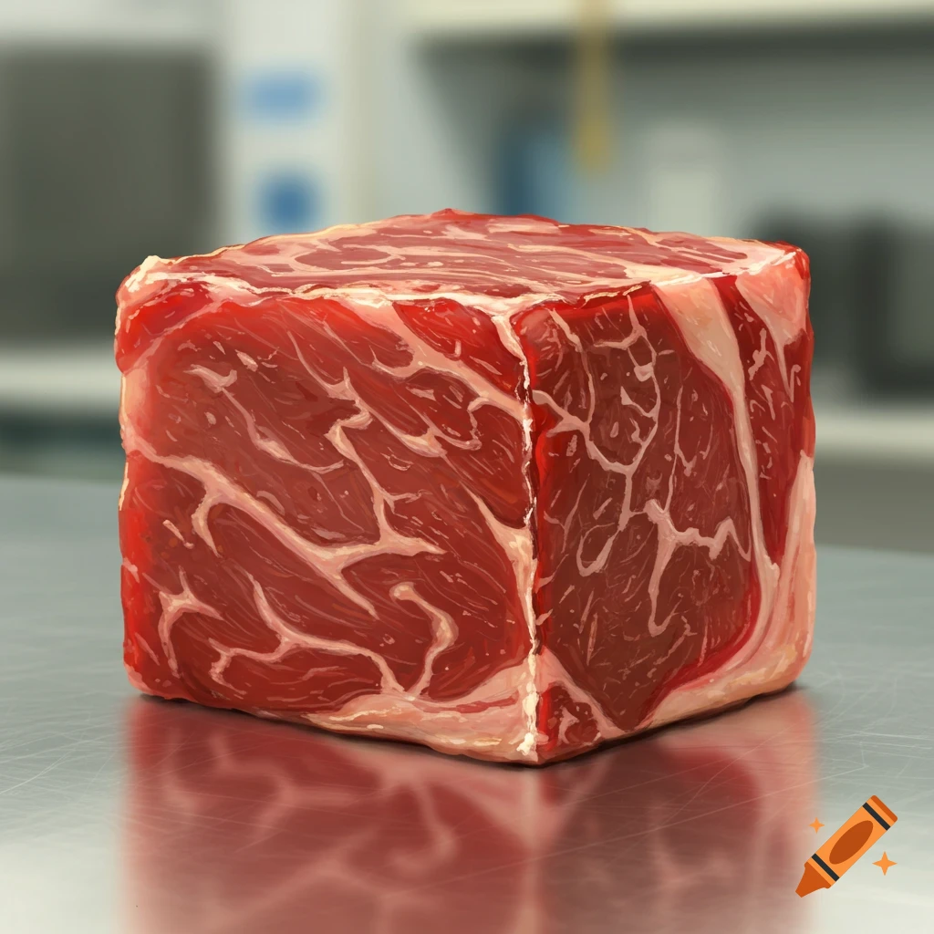 A block of raw meat rests on a metal surface.