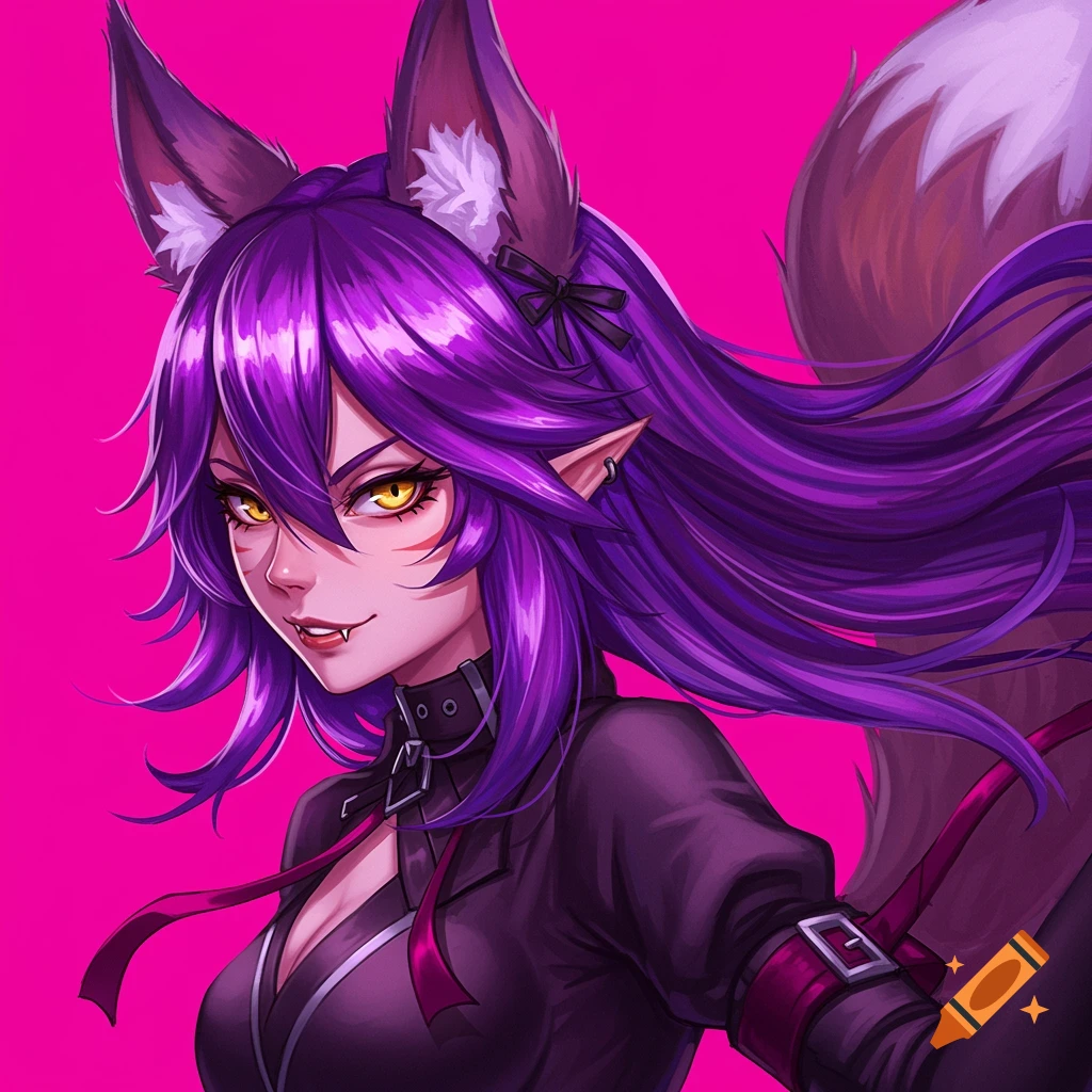 Anime portrait of a kitsune-like character with purple hair, fox ears, golden eyes, and gothic attire against a magenta background.