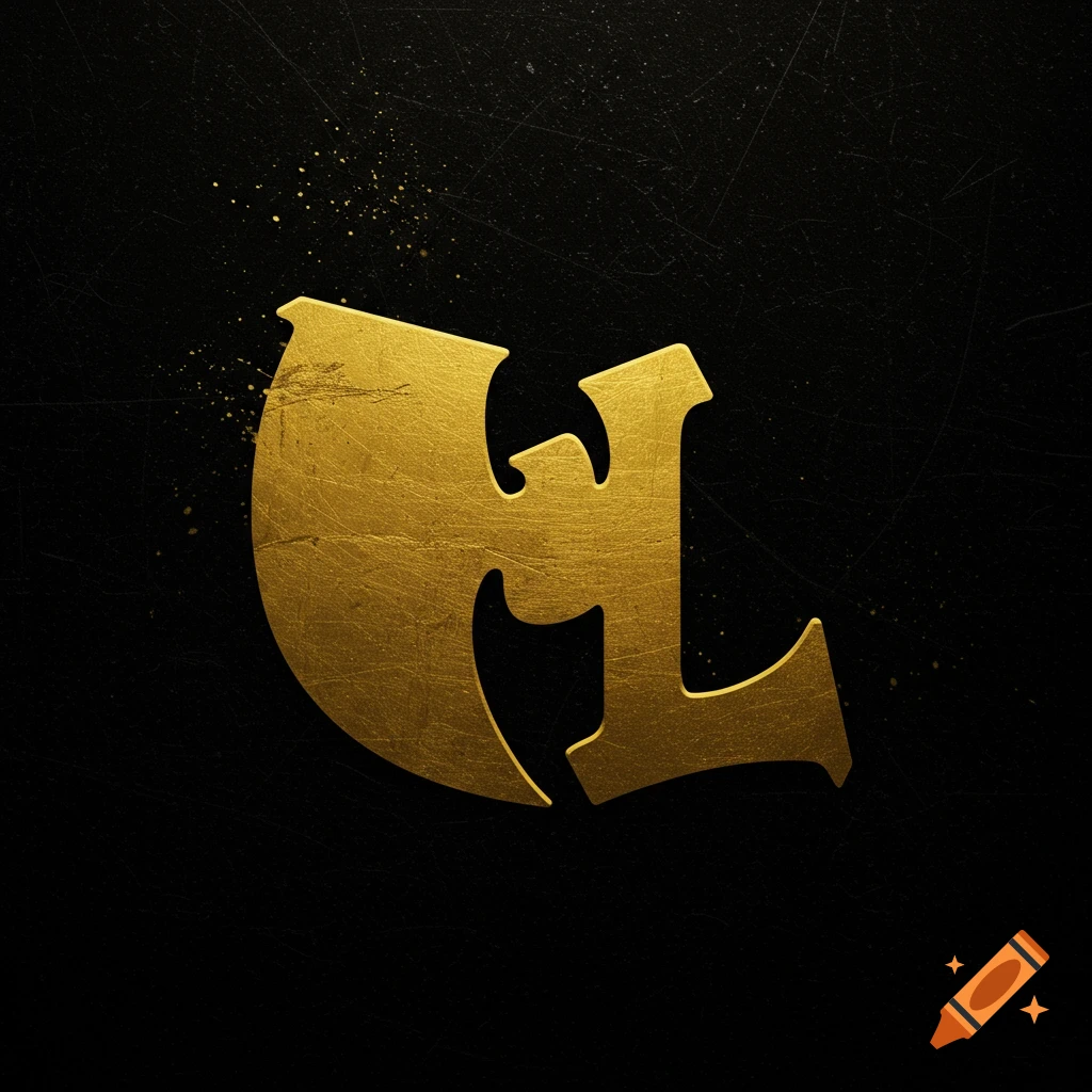 A golden logo combining the letters P and L in the style of the Wu-Tang Clan W logo on a dark background.