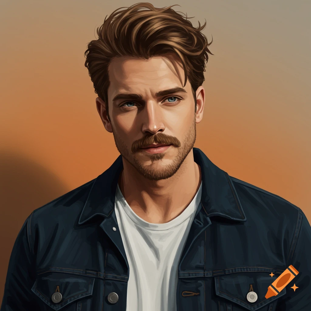 Man with brown hair, blue eyes, mustache, and beard, wearing a white shirt and denim jacket against an orange background.