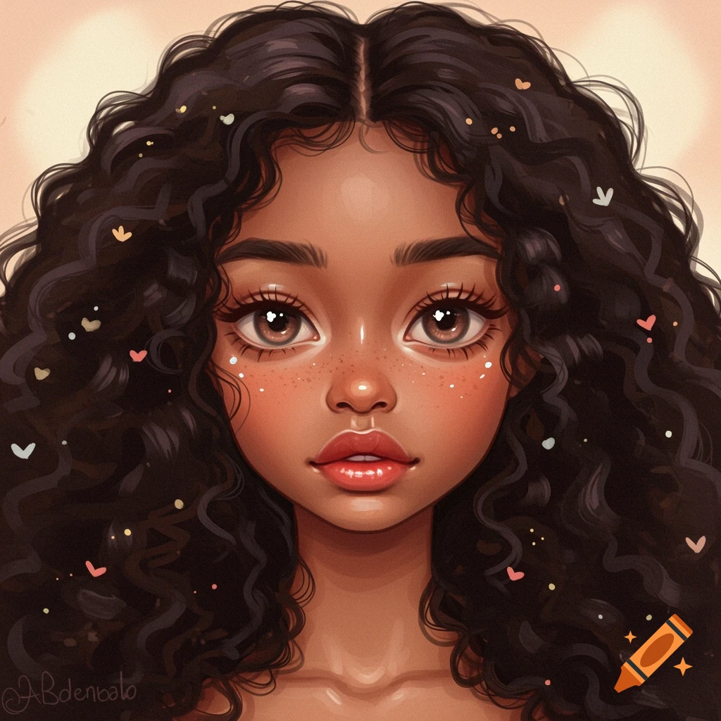 Anime style depiction of a cute girl with dark curly hair, freckles, and large eyes.