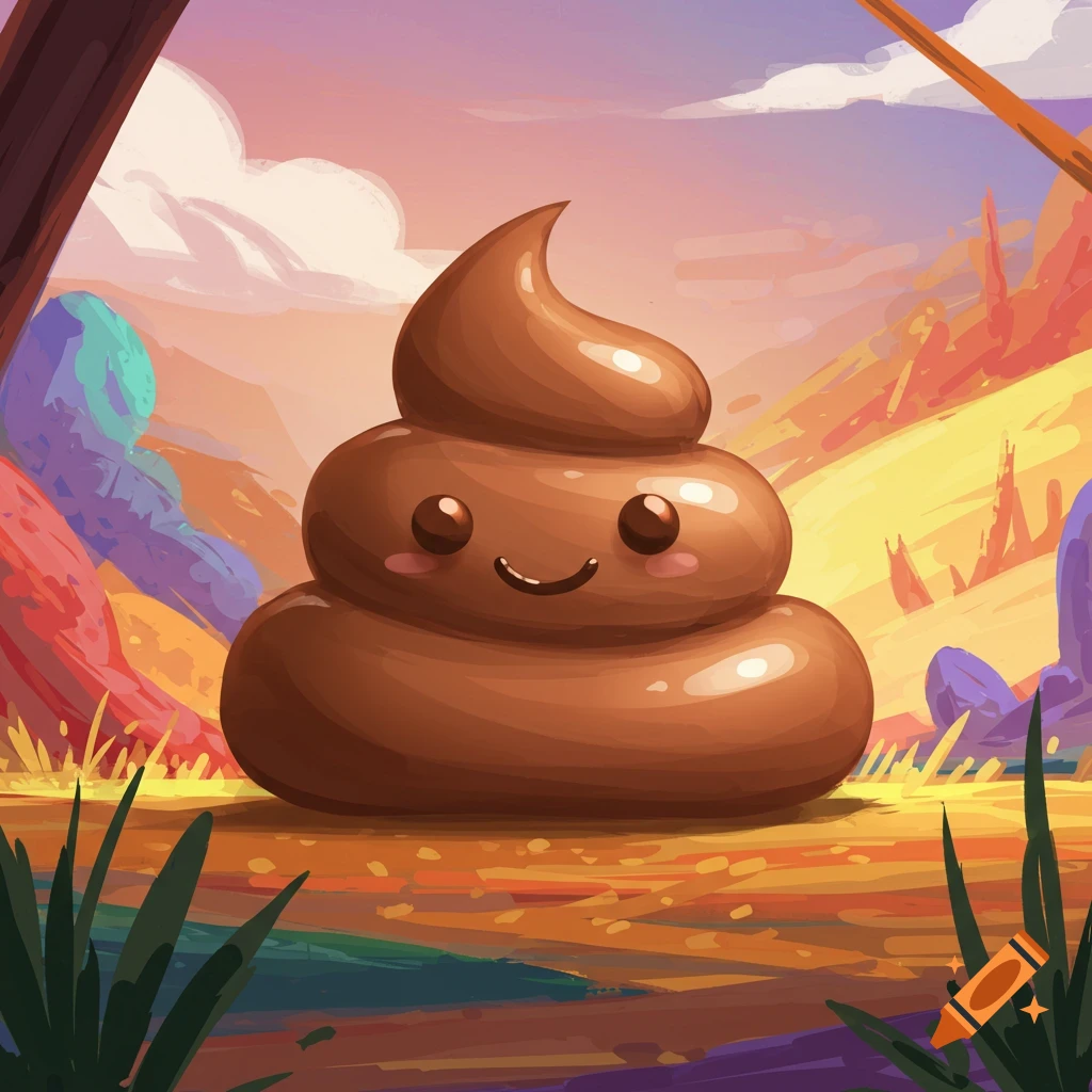 A cartoon poop character with a happy face sits in a colorful landscape.