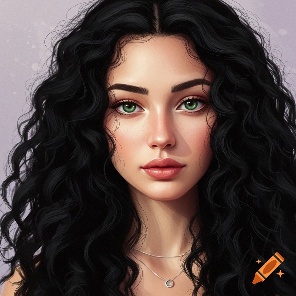 A woman with long black curly hair and green eyes