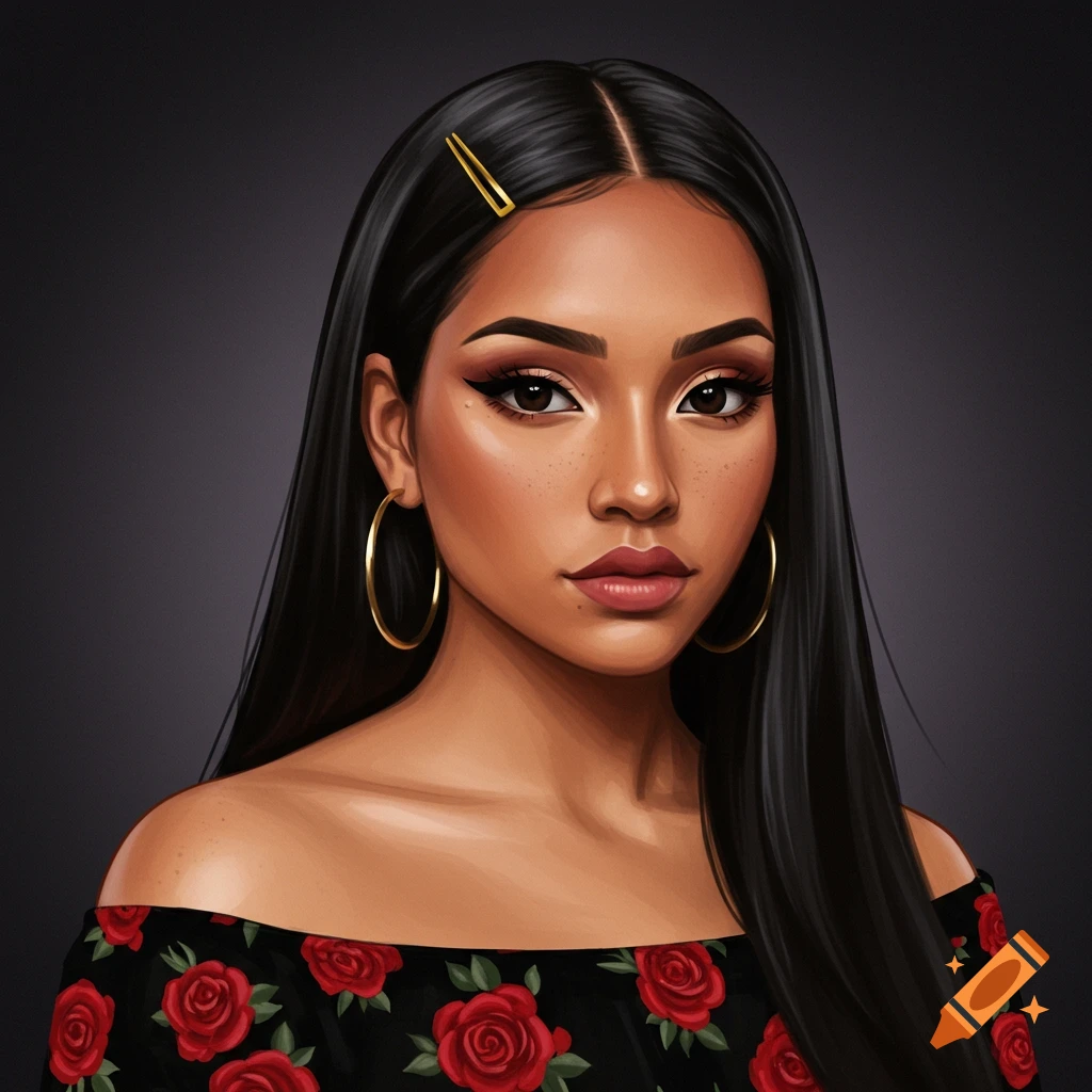 Portrait of a young Hispanic woman with long black hair, gold hoop earrings, wearing a black off-the-shoulder dress with red roses.