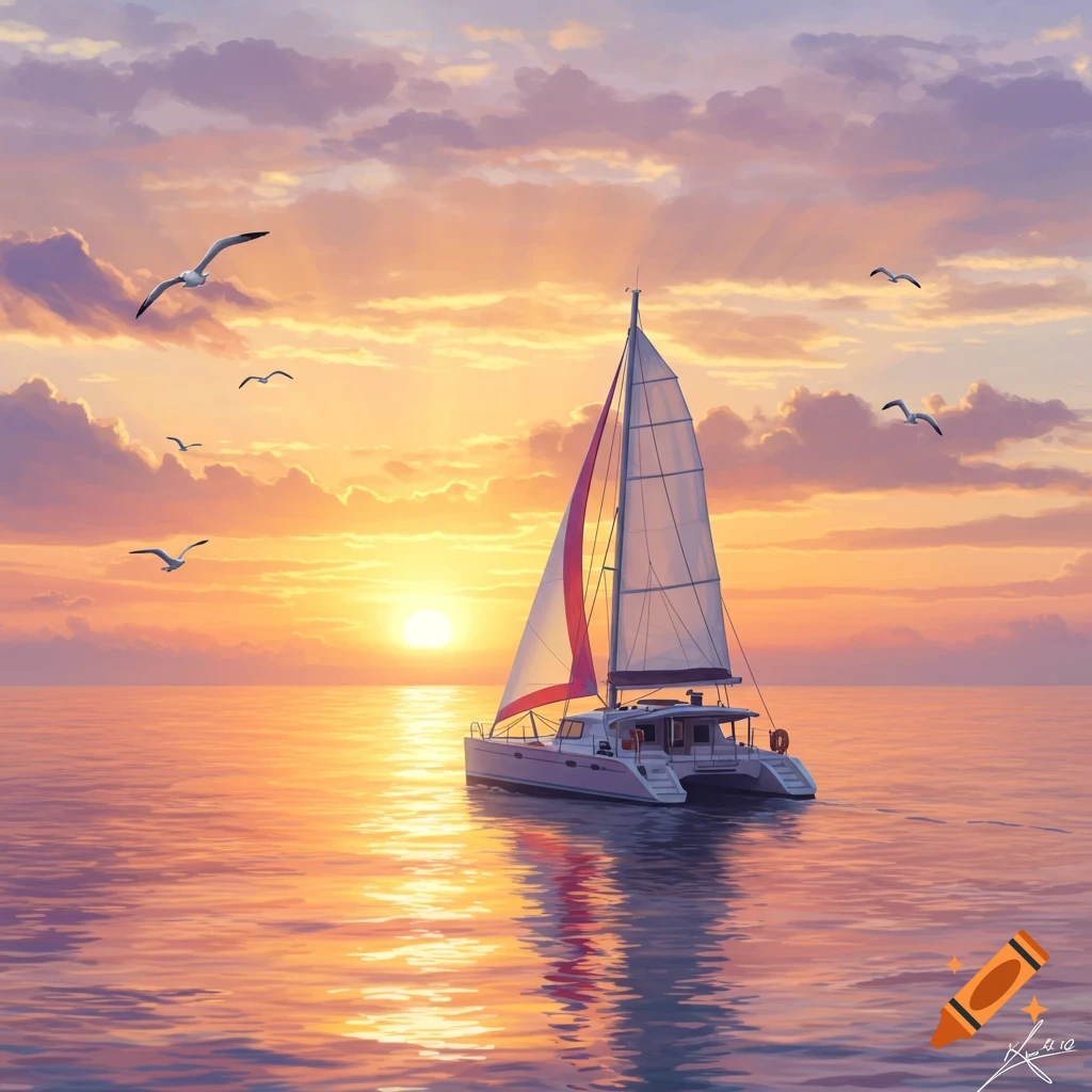 A catamaran sailing on the ocean at sunrise with seagulls.