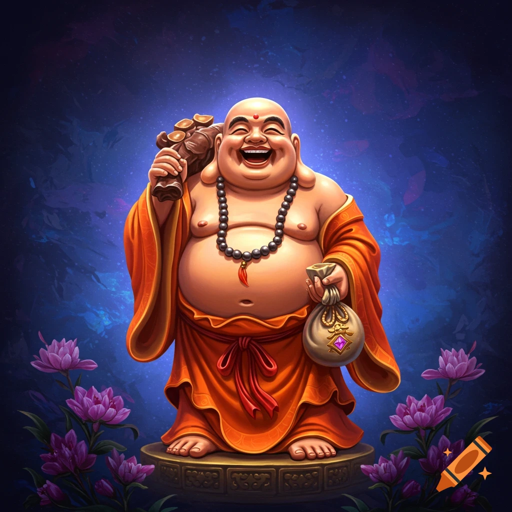 Laughing Buddha statue holding a bag and ruyi scepter, standing on a base surrounded by lotus flowers, digital illustration.