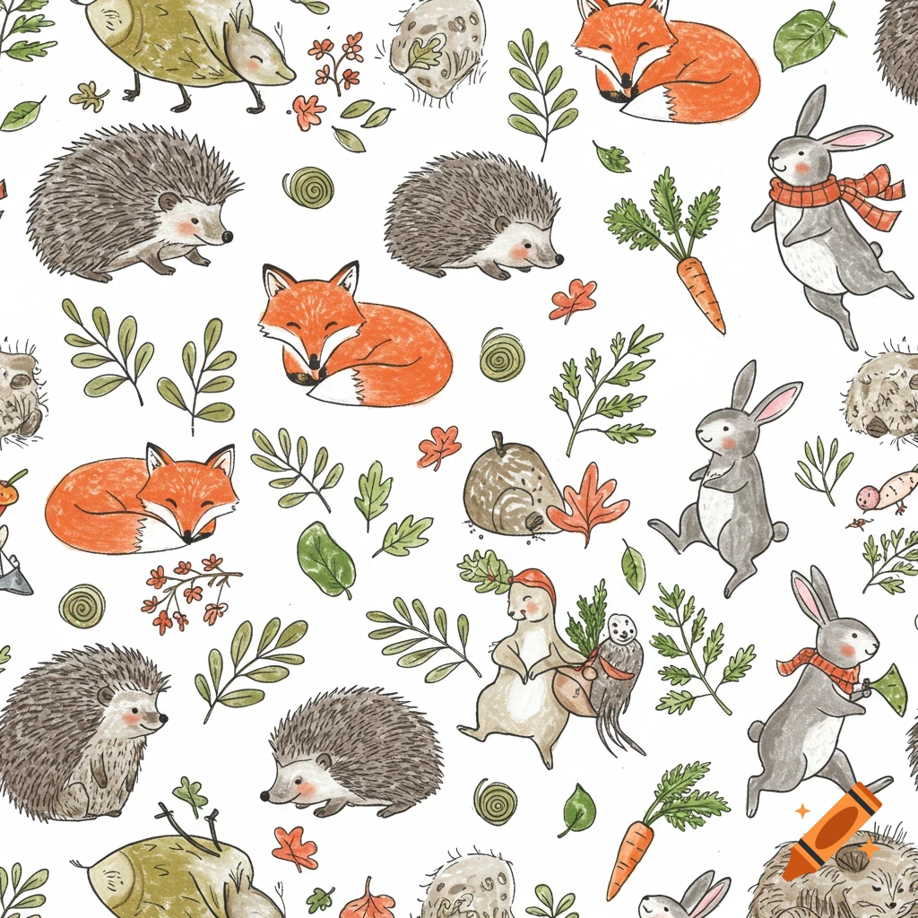 A seamless pattern of illustrated woodland animals including hedgehogs, sleeping foxes, and bunnies with carrots and scarves.