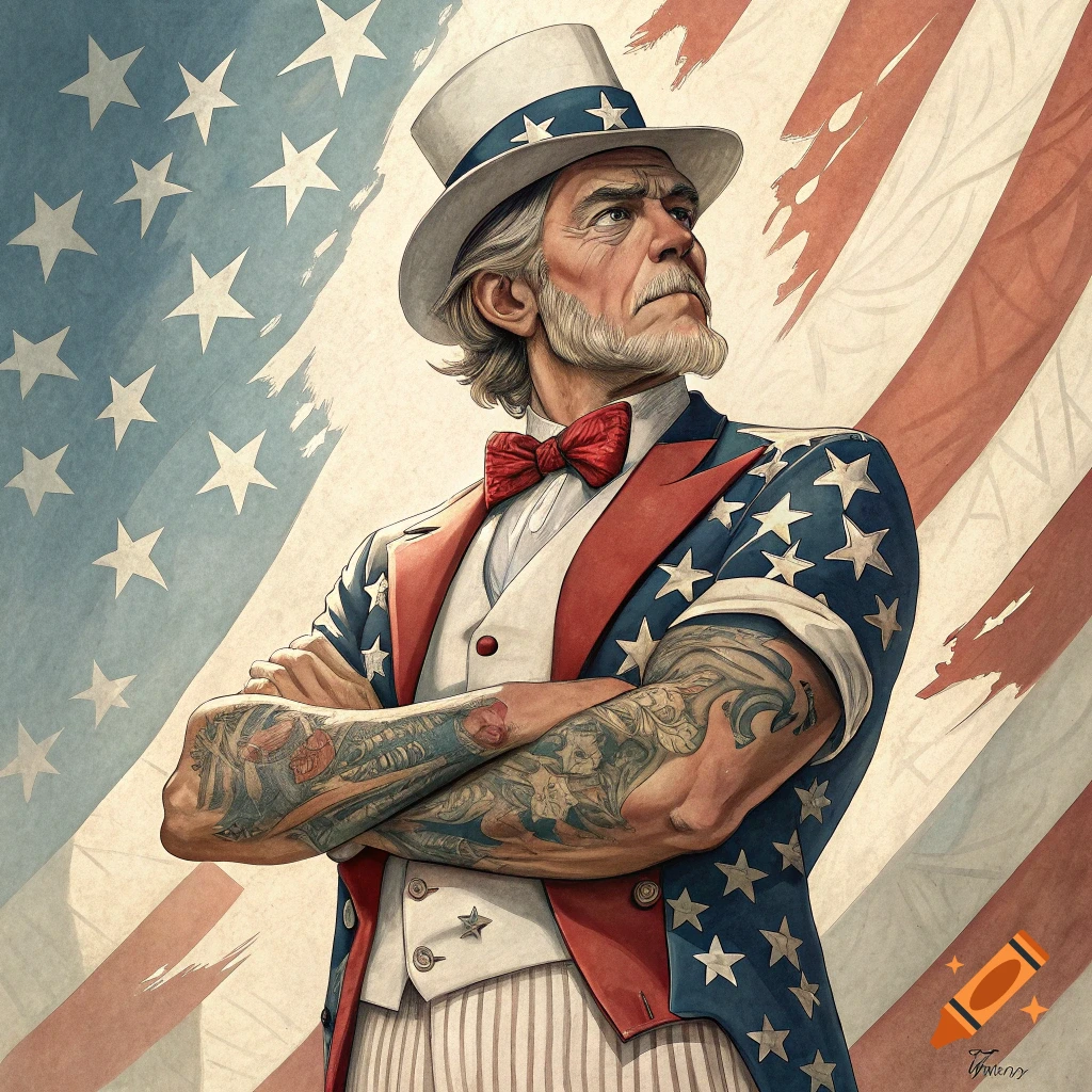 Painting of a muscular, tattooed Uncle Sam with crossed arms against an American flag background.