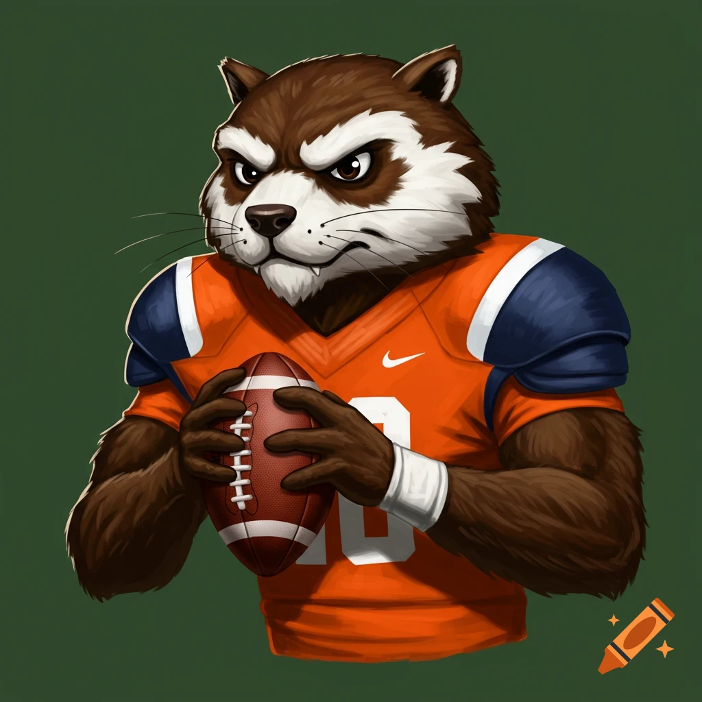A cartoon illustration of a badger-like mascot in an orange football jersey holding a football.