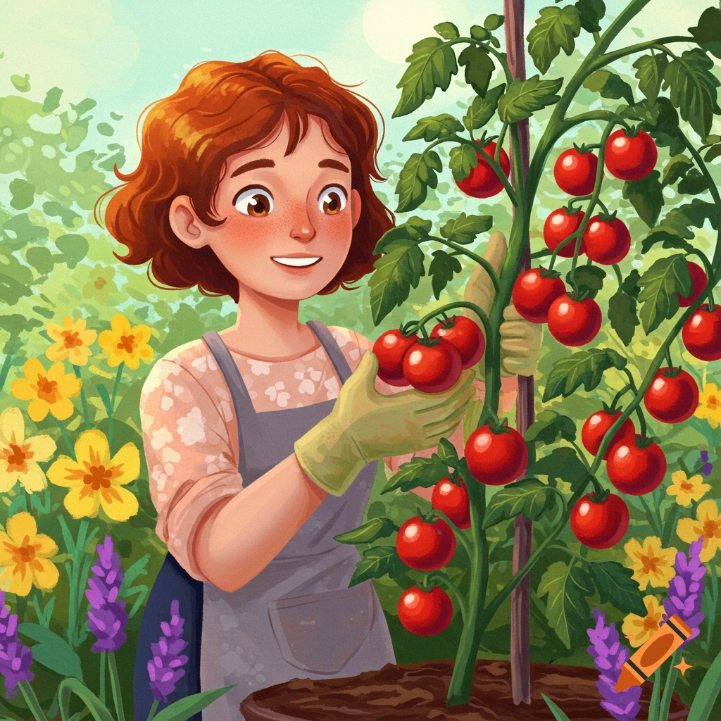 A person harvesting tomatoes from a bush in a garden surrounded by flowers.