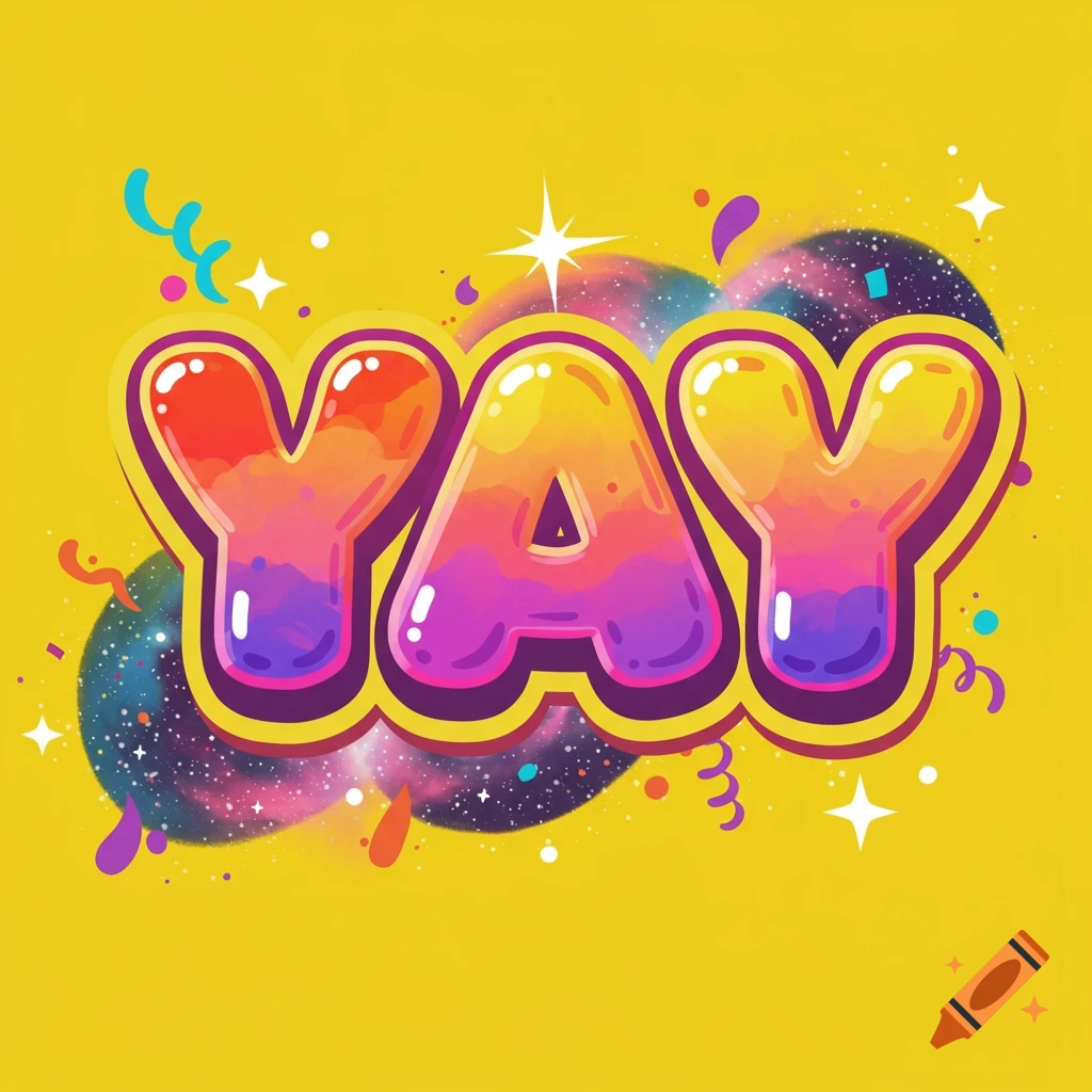 Colorful bubble letters spelling YAY with confetti and abstract elements on a yellow background. Digital illustration.