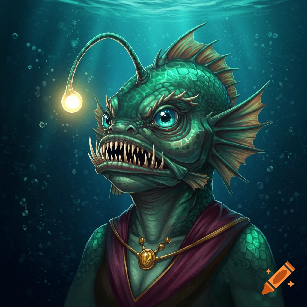 A fantasy angler fish creature warlock underwater
