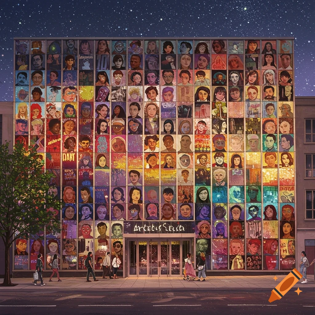 A building covered in a large, colorful mosaic of diverse portraits under a starry sky at night.
