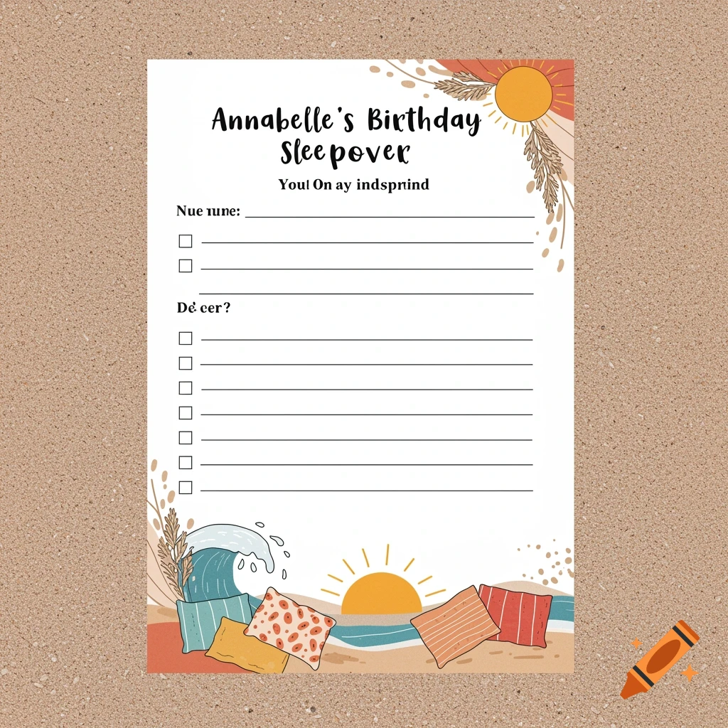 Birthday sleepover planning sheet template with beach illustration and lines