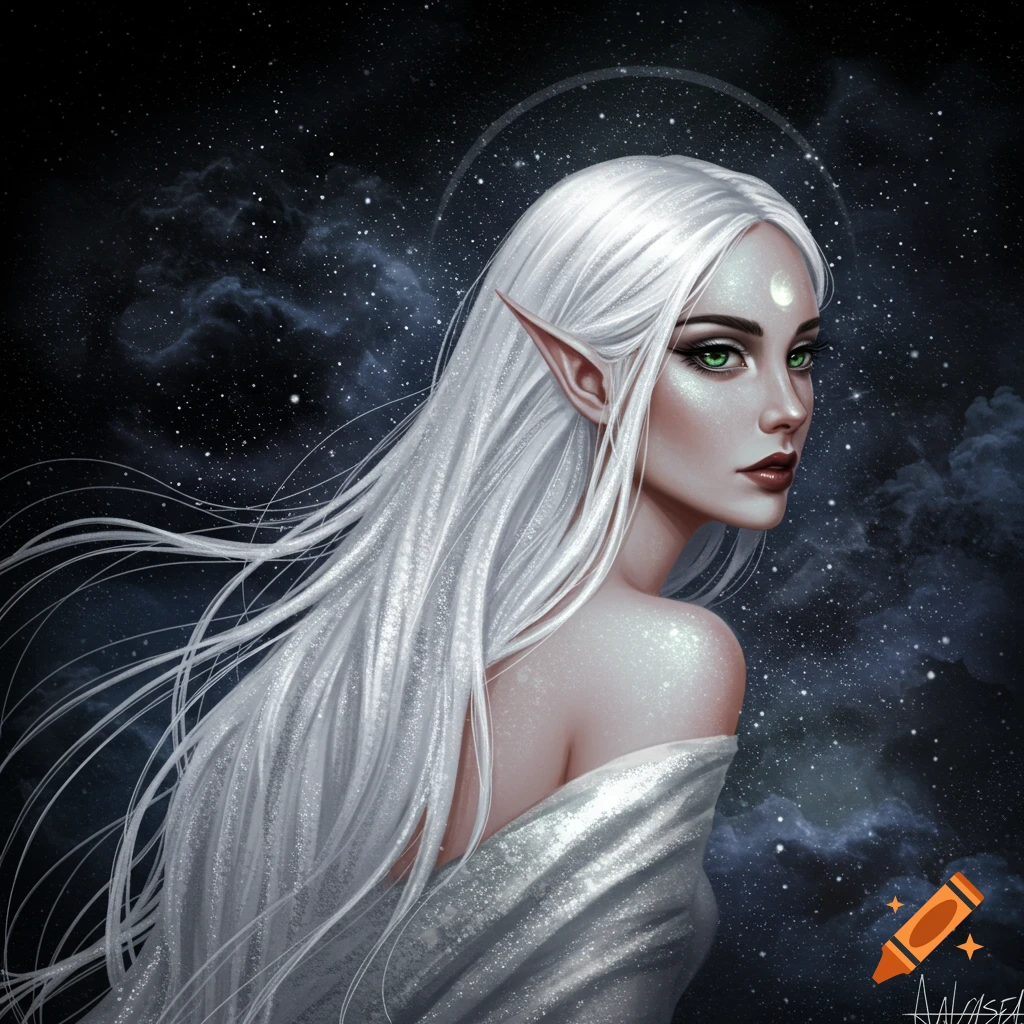 An elf-like moon goddess with long white hair and green eyes against a starry sky.