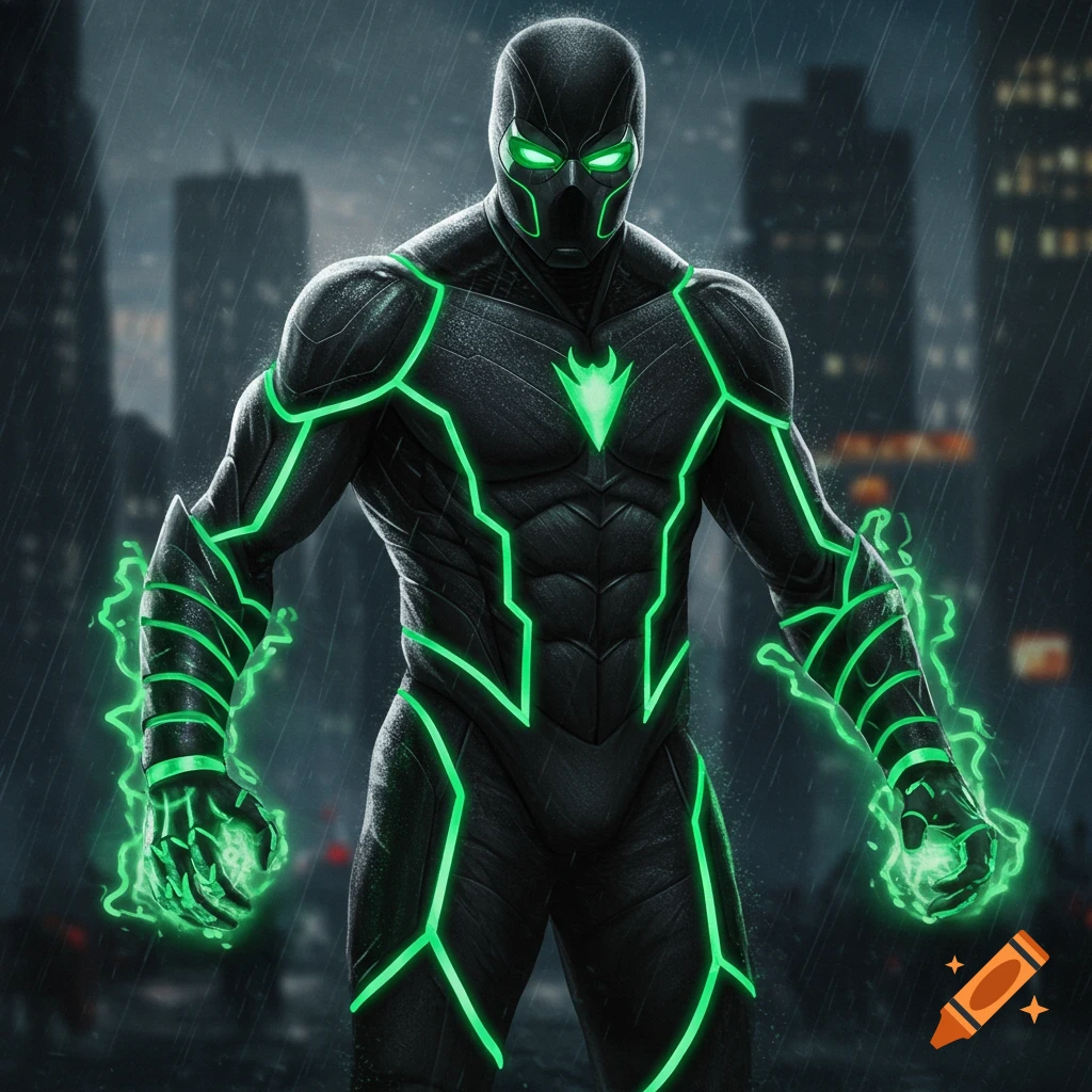 Male superhero in black suit with green energy lines, standing in a rainy city.