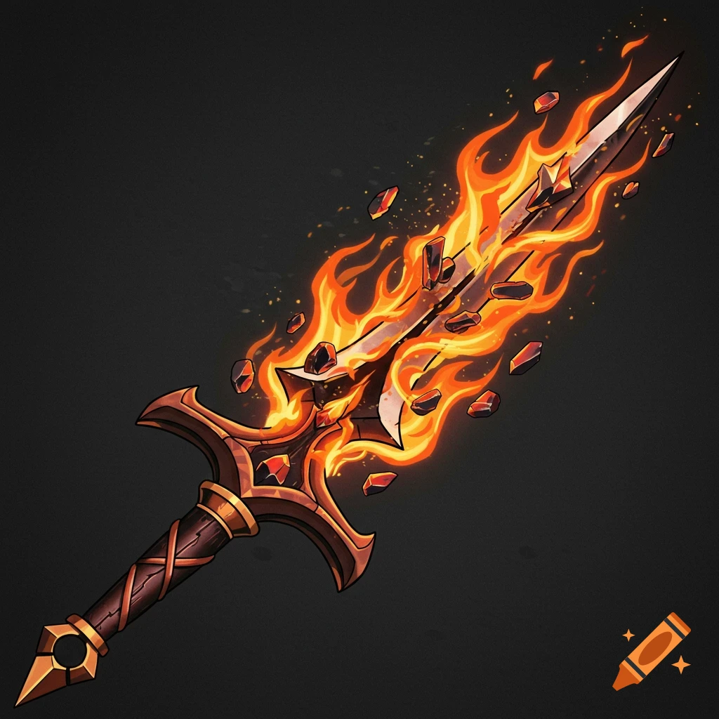 Stylized fantasy sword breaking apart against a dark background.