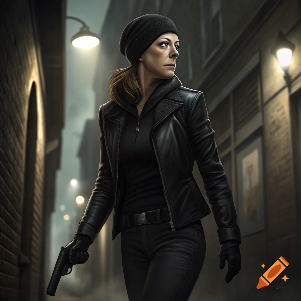 Woman in black leather jacket and beanie holds a pistol in a dark alley.