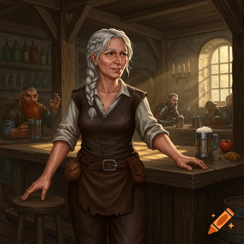 An older woman is a tavern owner behind a bar with patrons in the background.