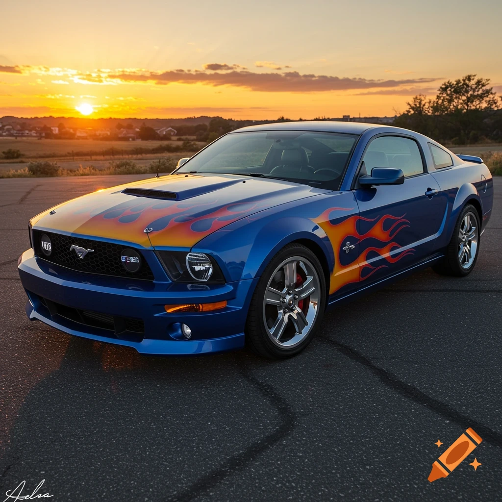 Blue Ford Mustang coupe with hot rod flames parked on pavement at sunset.