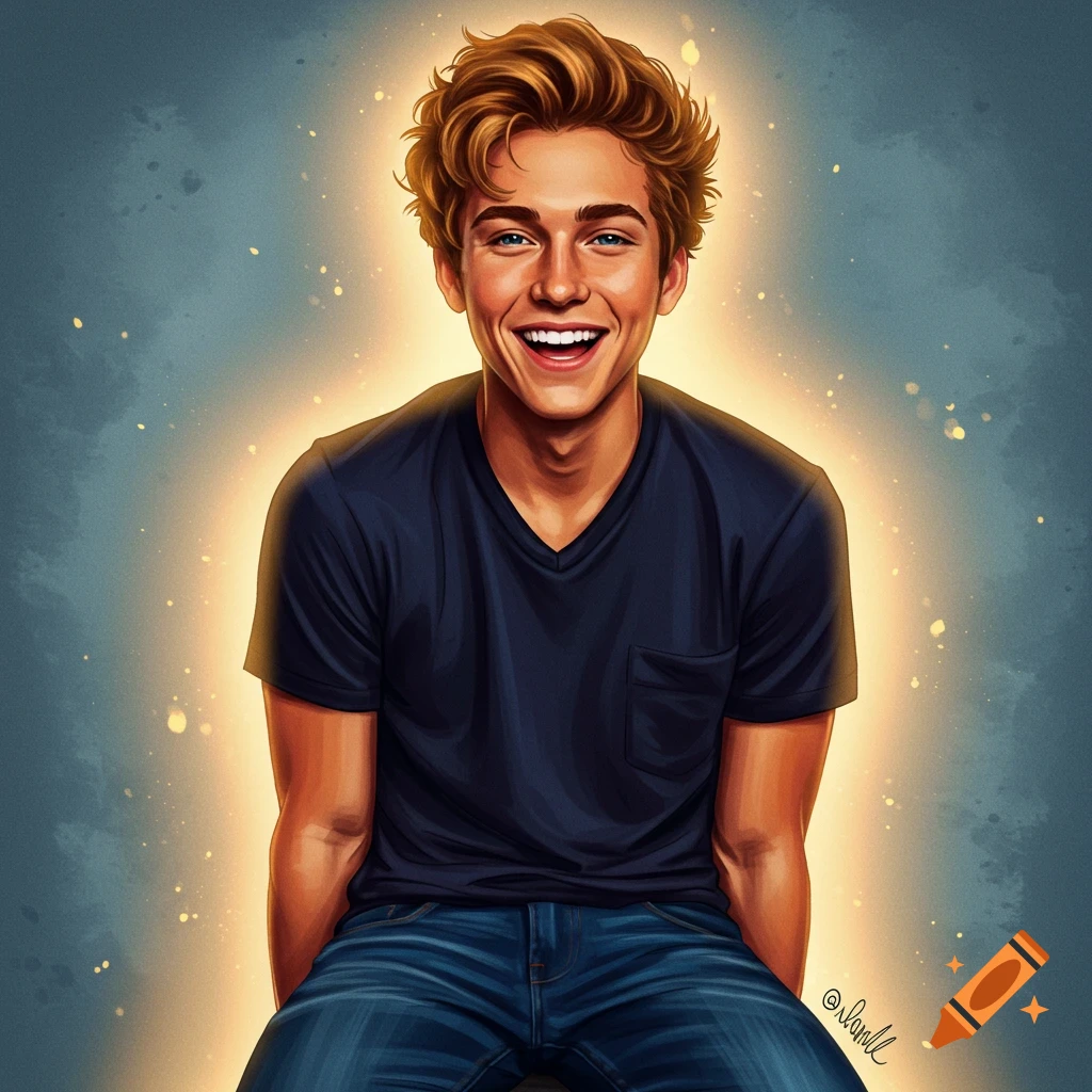 A young man is smiling with a glowing halo