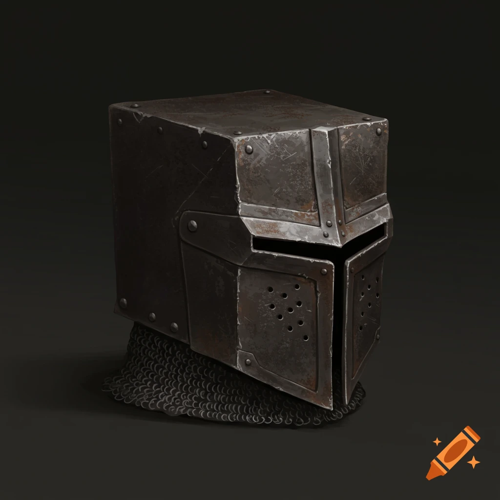 A distressed metal medieval helmet with a blocky, cube-like shape and chainmail hangs on a dark background.