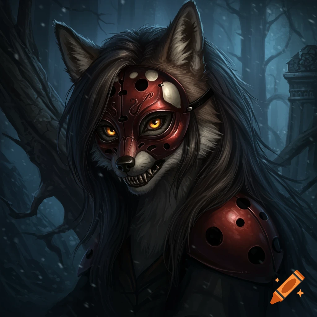 A masked wolf-fox hybrid with amber eyes in a dark forest.