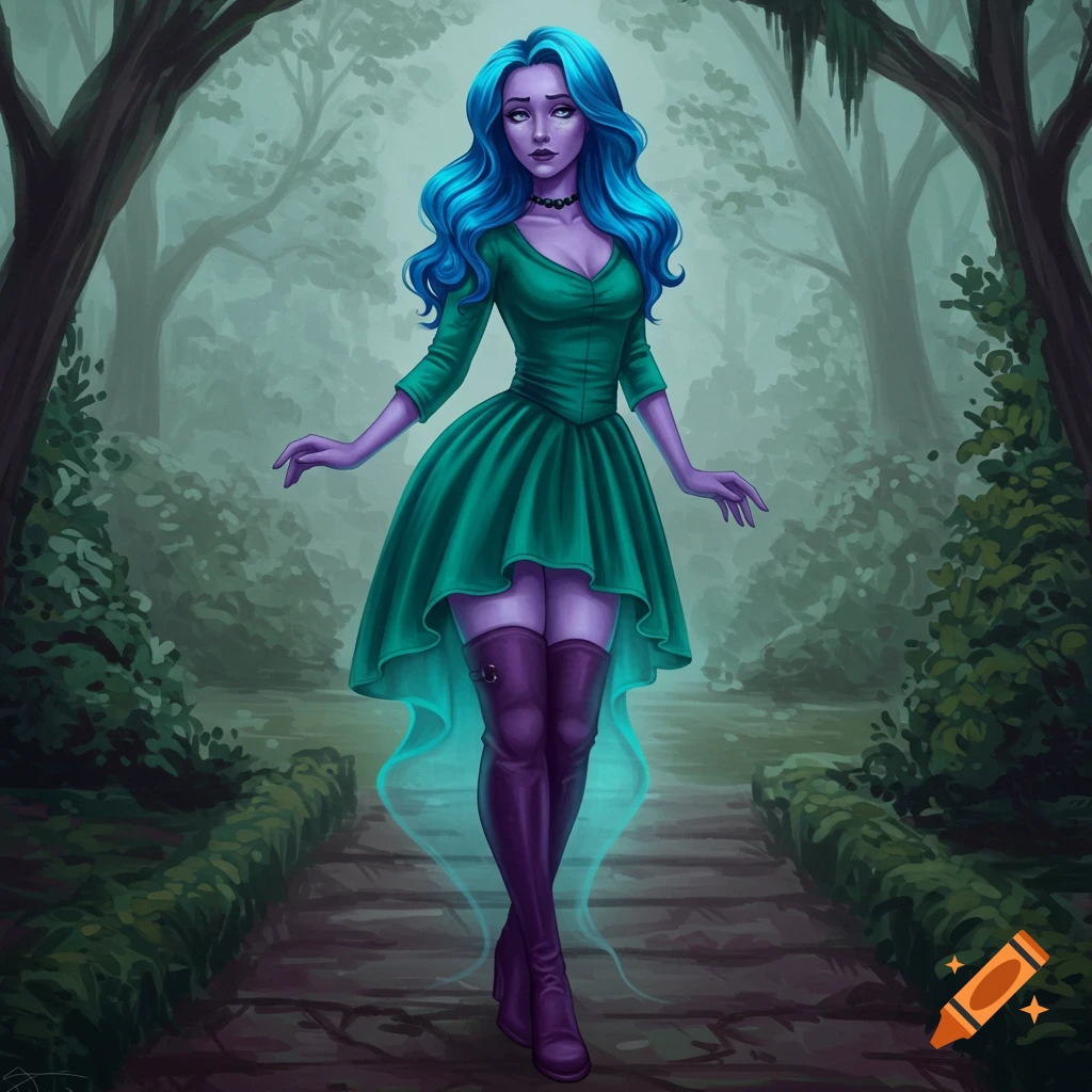 A ghostly woman with purple skin, blue hair, green dress, and purple boots floats on a forest path.