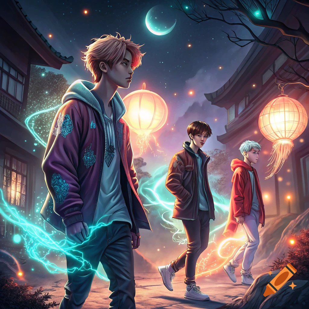 Three young men walk down a street in a stylized fantasy world with lanterns, glowing effects, and a crescent moon.