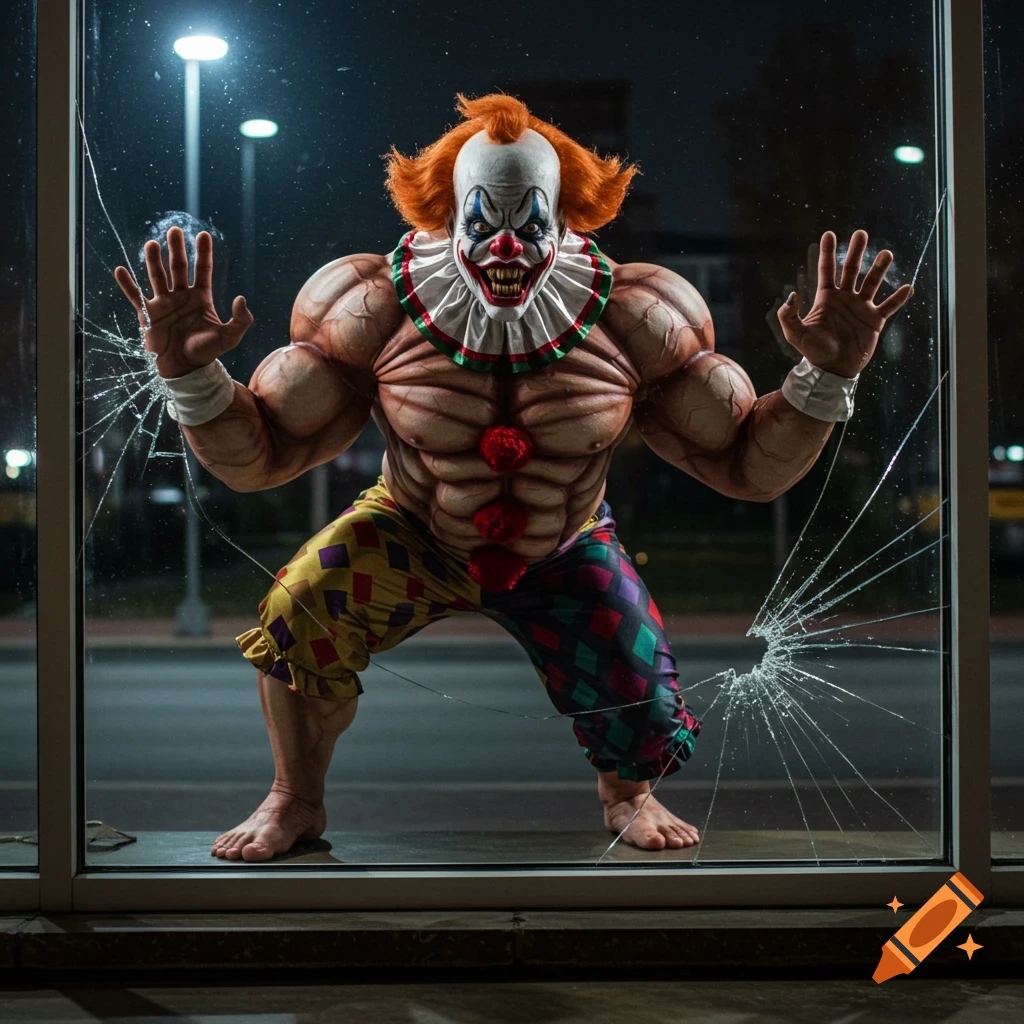 A hyper-realistic muscular scary clown pushes through a broken glass window at night.