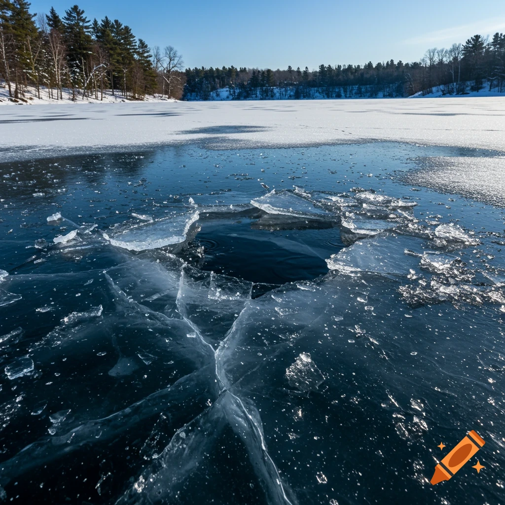 Low-angle shot of a frozen lake with broken ice, cracks, and a jagged hole under a sunny sky.